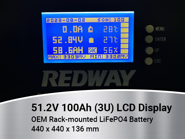 51.2v 48v 100ah rack-mounted lifepo4 battery 3u lcd display